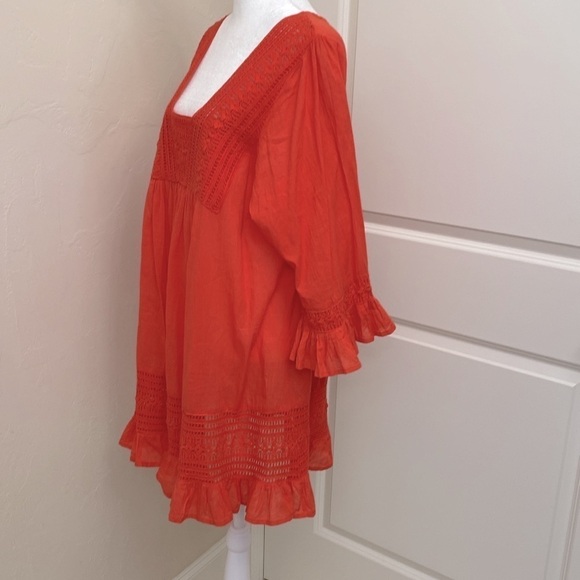 CUTE OPTIONS DRESS Womens L Mini Coral Ruffle sleeve Crochet Square Neck Beach - Picture 3 of 10